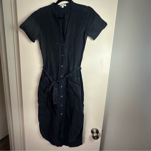 Standard James Sperse Navy Blue 100% Linen Button Front Tie Waist Shirt Dress XS - Picture 6 of 16